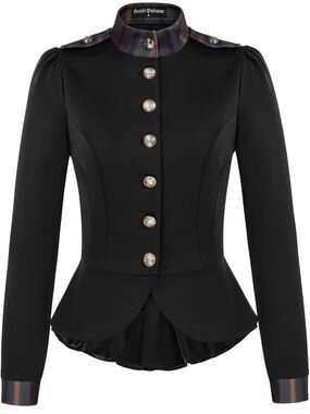 Scarlet Darkness Steampunk Military-Style Black Jacket with Peplum Waist 2XL